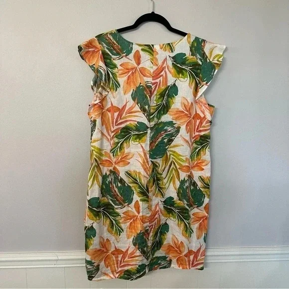 Nicole Miller Women's 100% Linen Tropical Print Flutter Sleeve Dress Sz L GUC - Picture 6 of 6